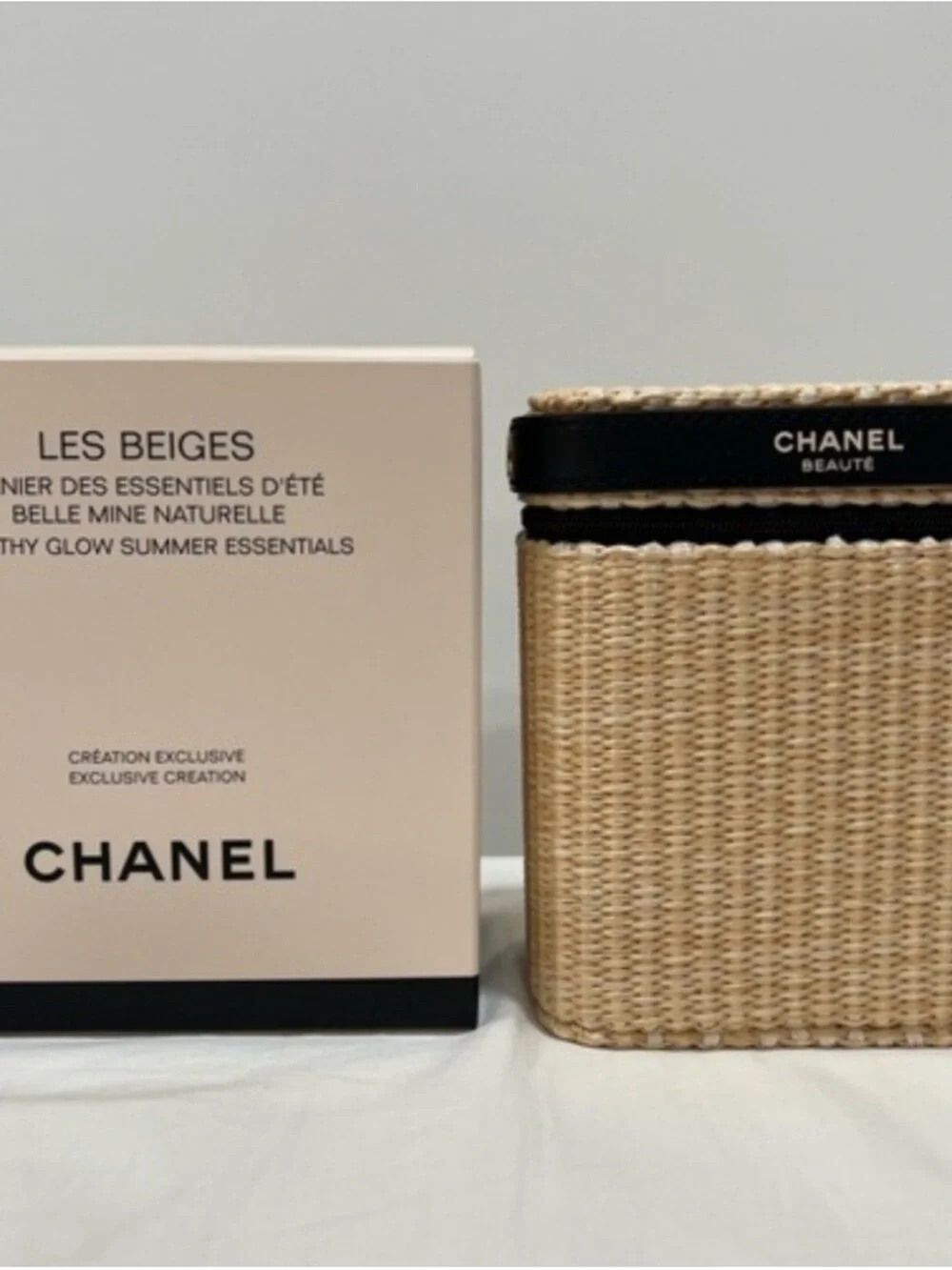 CHANEL Beige Straw Cosmetic Case with Black Trim & Makeup Set